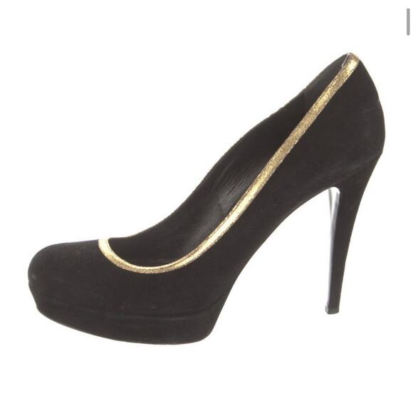GUCCI Black Suede Gold Trim Platform Pump Heel Shoes Sz IT 40.5 US 10.5 - Picture 1 of 5